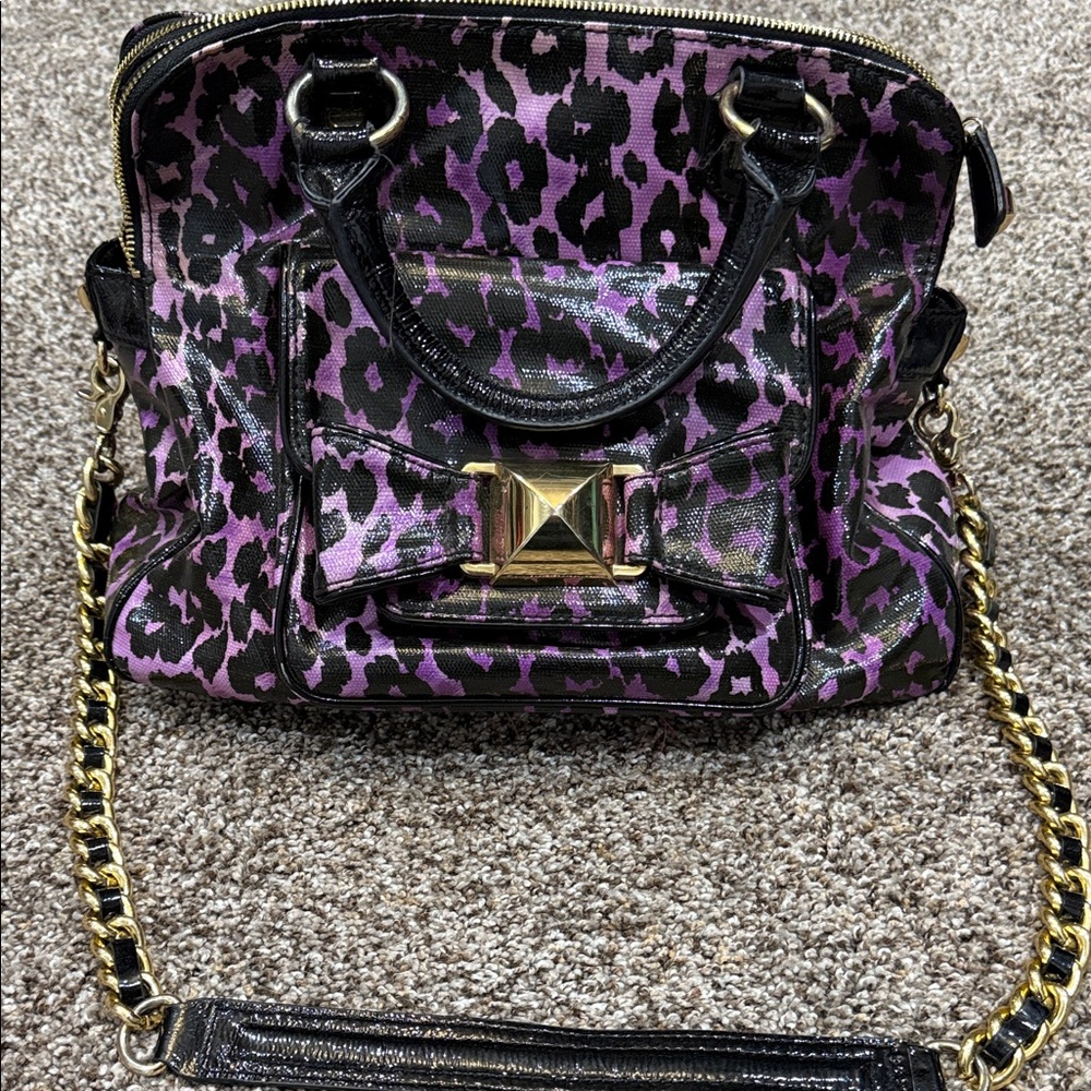 Betsey Johnson Purple Leopard Print Shoulder Bag with Gold Chain